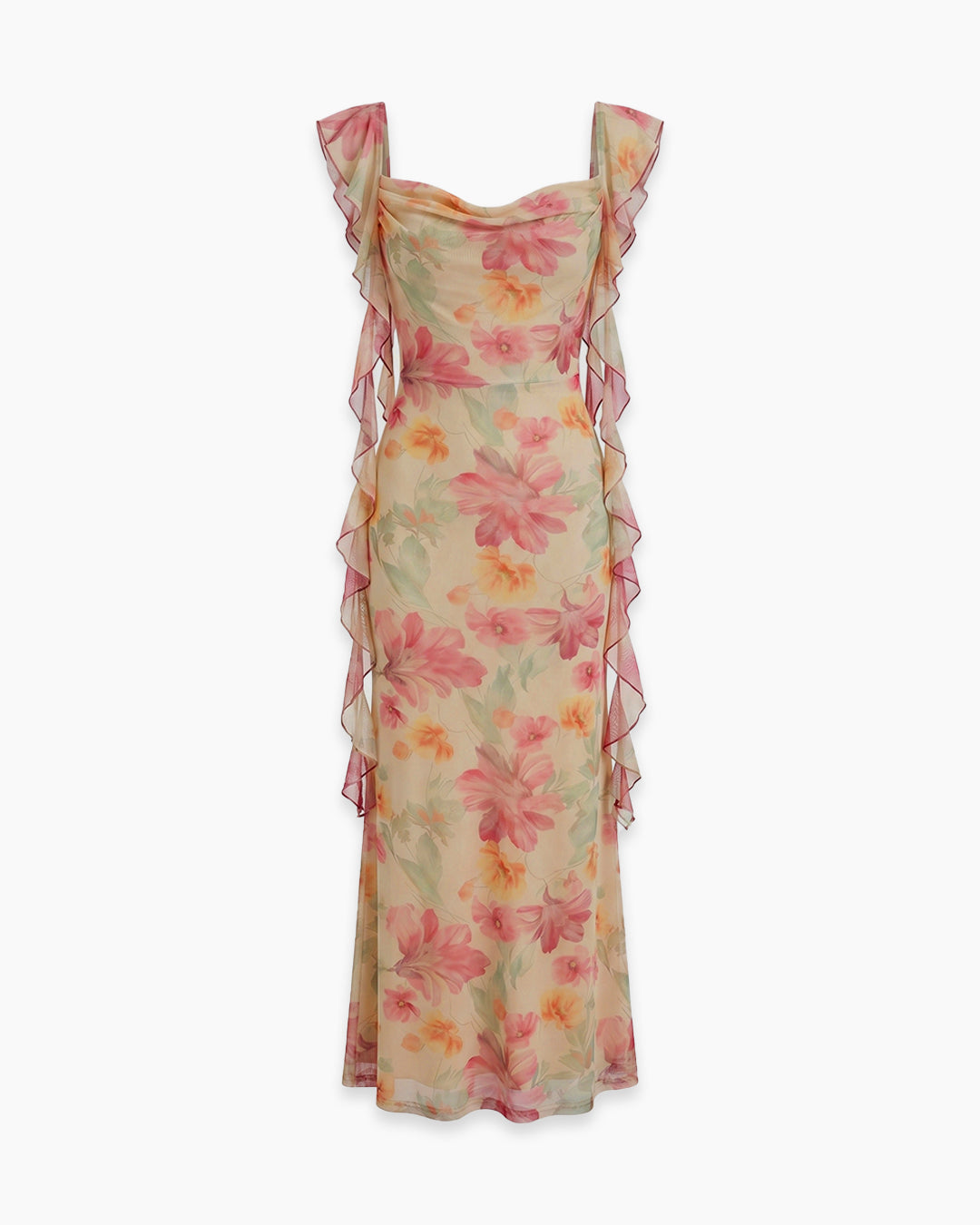 Mesh Ruffle Maxi Dress In Vanilla