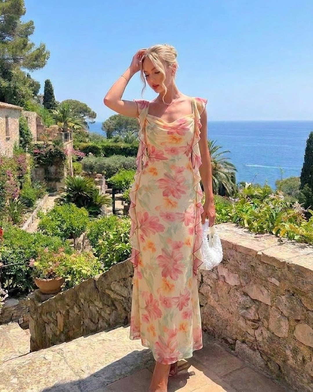 Mesh Ruffle Maxi Dress In Vanilla