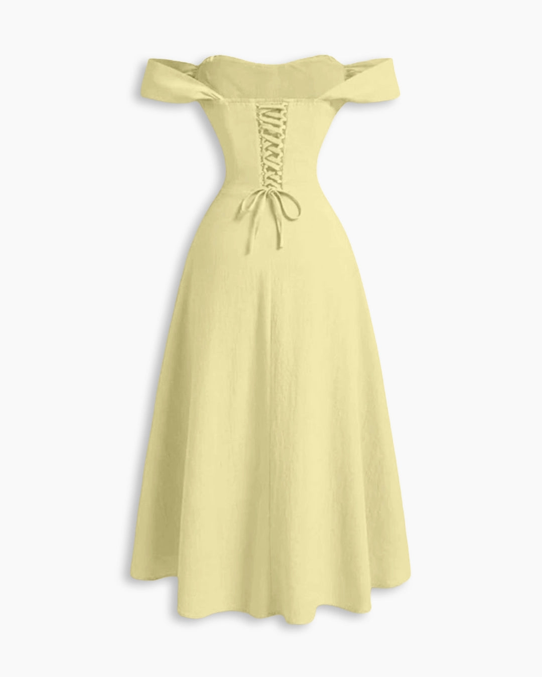 Off Shoulder Cinched Waist Midi Dress in Vanilla