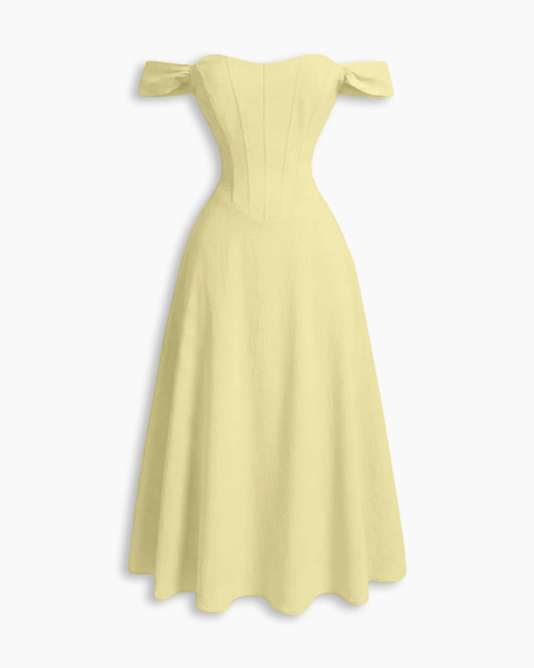 Off Shoulder Cinched Waist Midi Dress in Vanilla
