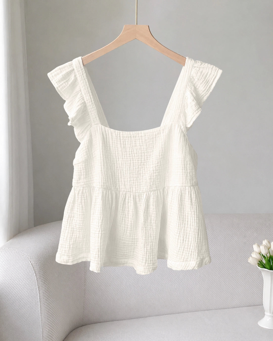 Ruffle Strap Bow Detail Top in Off White