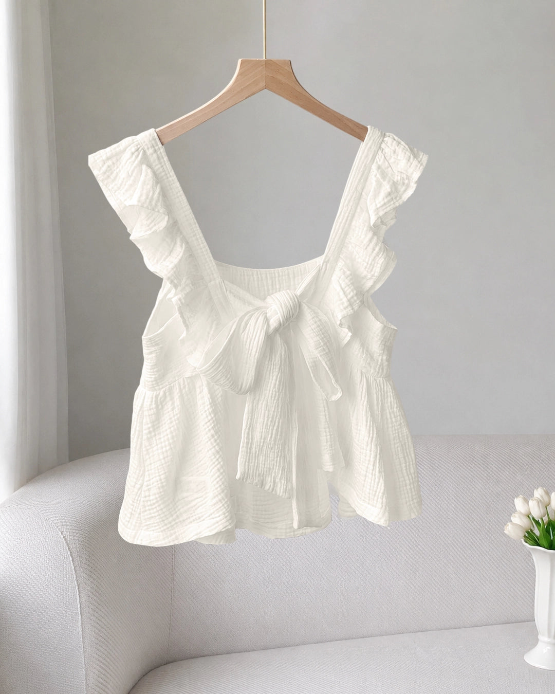 Ruffle Strap Bow Detail Top in Off White