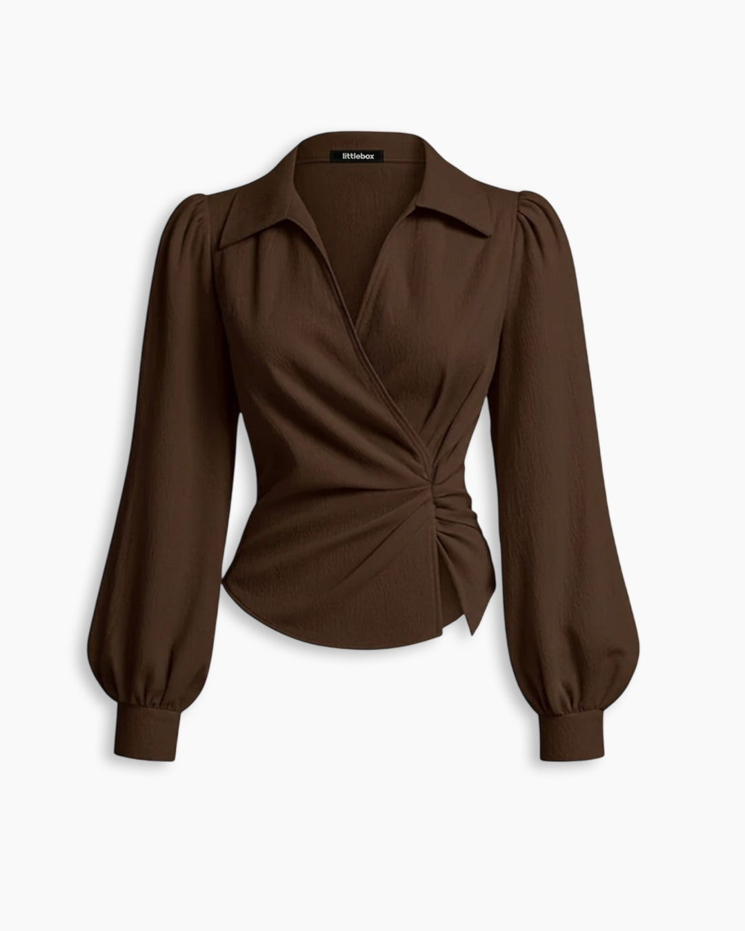 Formal V Neck Wrap Long Sleeve Top in Chocolate Brown