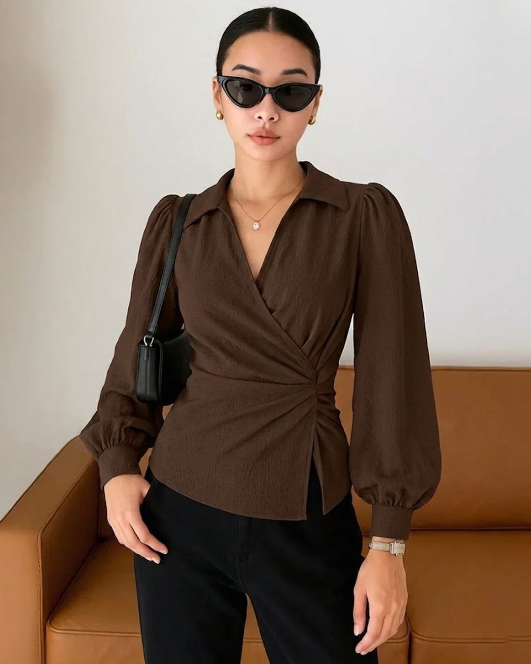 Formal V Neck Wrap Long Sleeve Top in Chocolate Brown