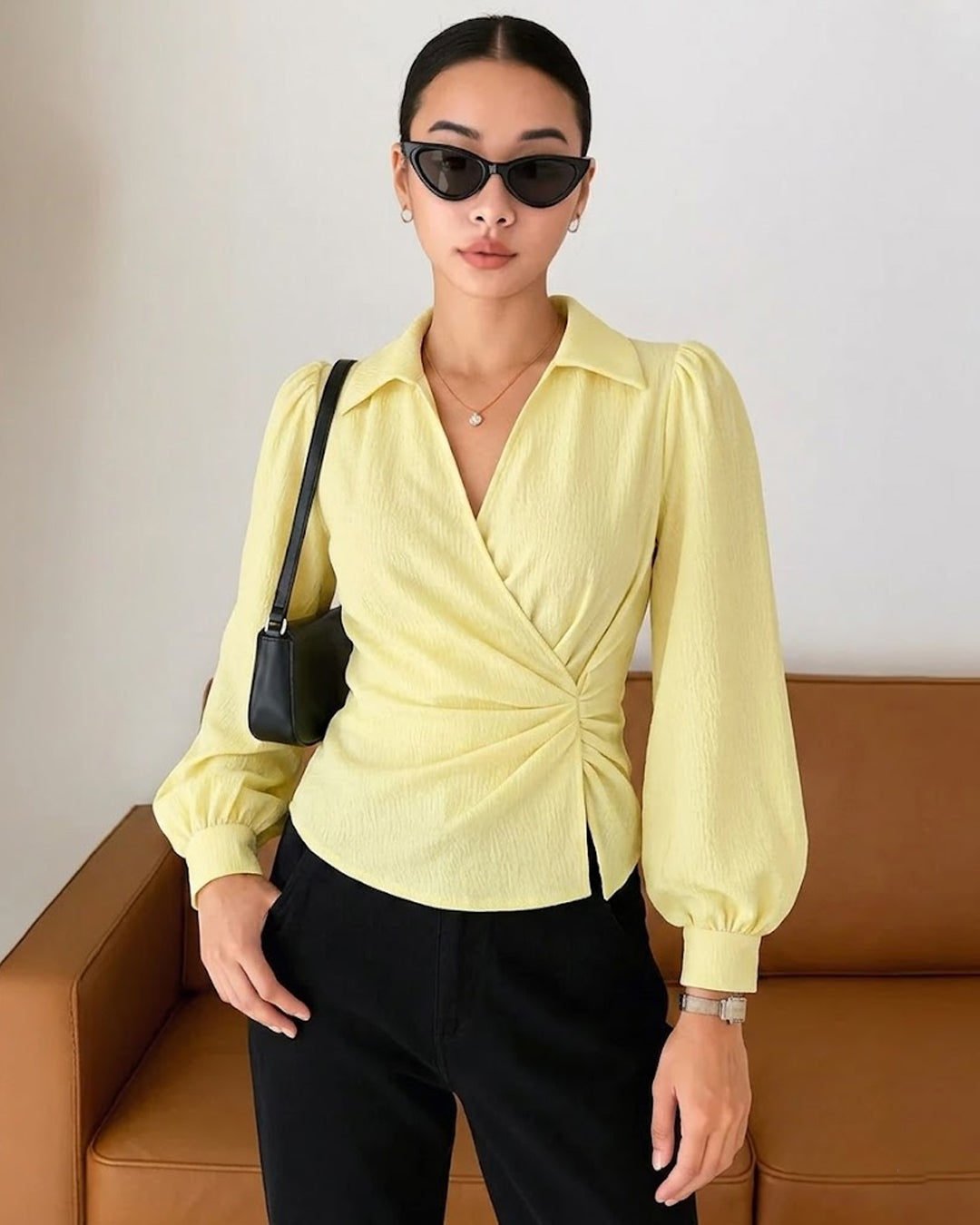 Formal V Neck Wrap Long Sleeve Top in Vanilla
