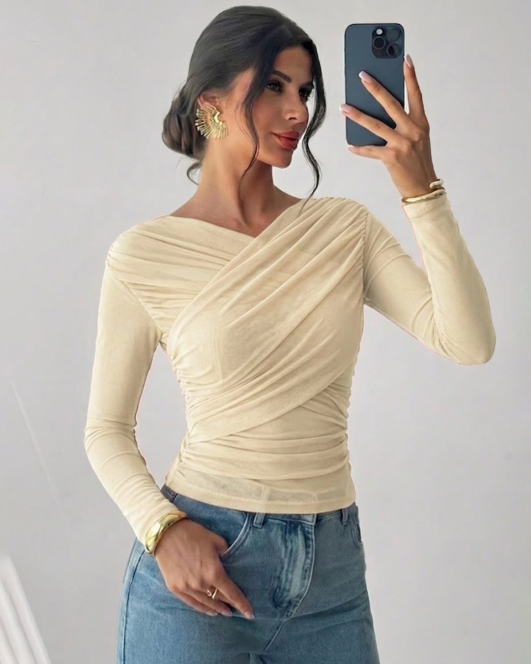 Sheer Mesh Long Sleeve Ruched Wrap Top In Cream