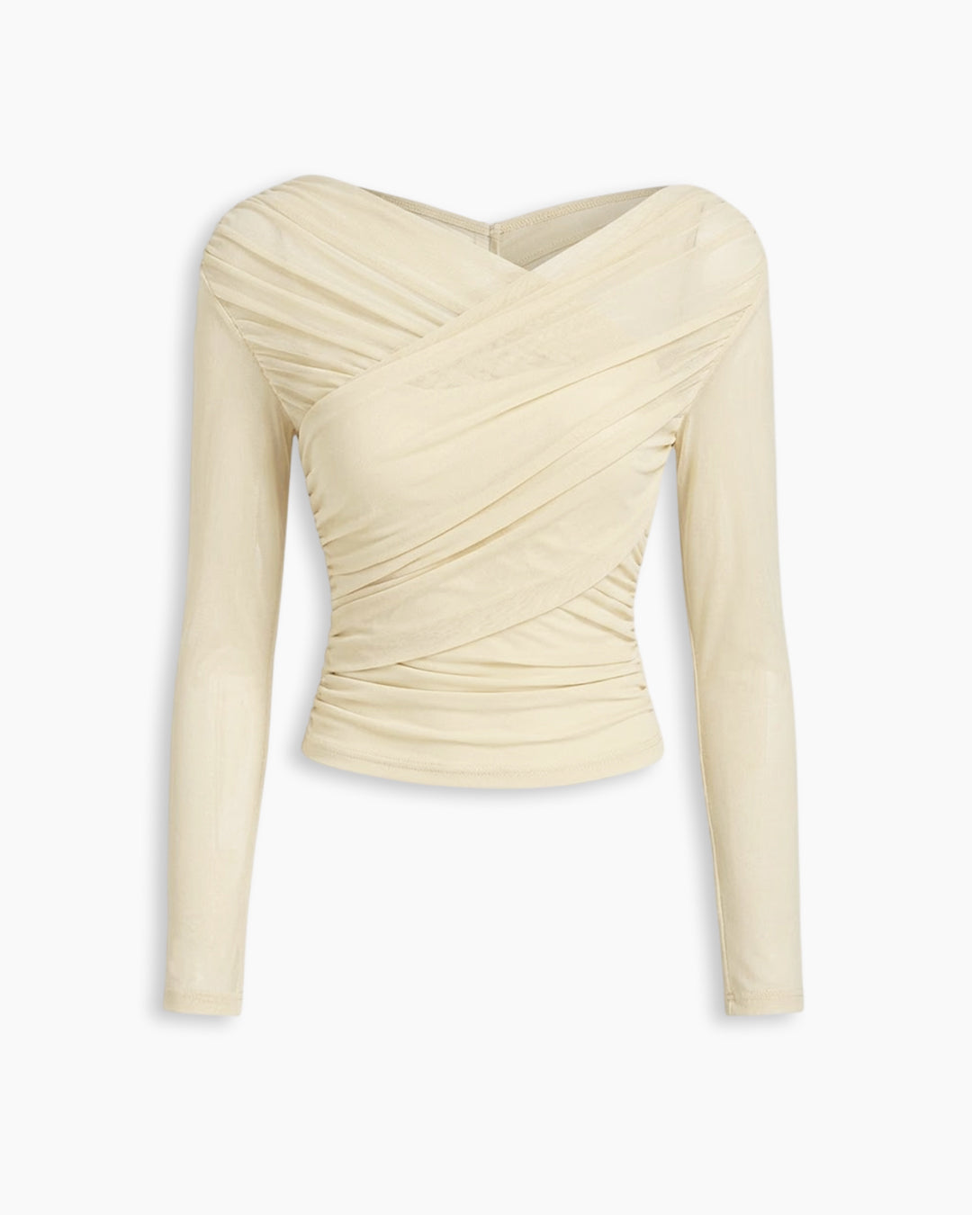 Sheer Mesh Long Sleeve Ruched Wrap Top In Cream