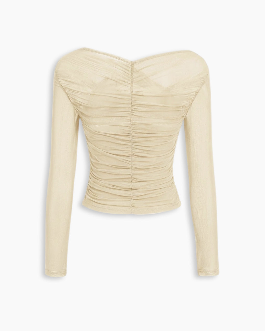 Sheer Mesh Long Sleeve Ruched Wrap Top In Cream
