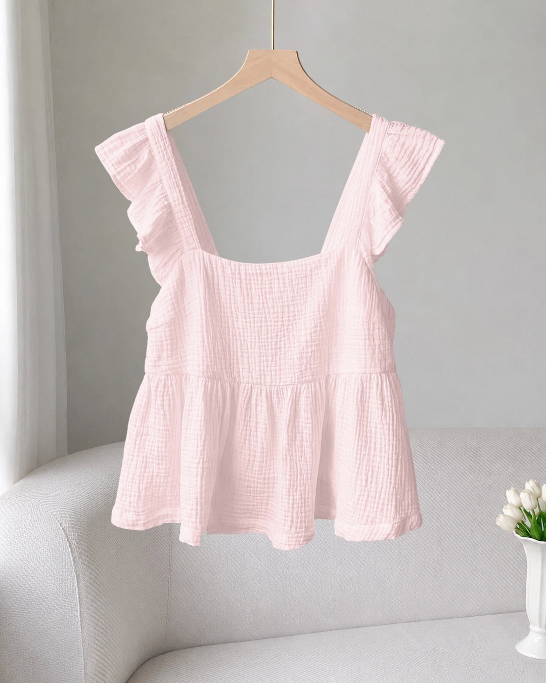Ruffle Strap Bow Detail Top  in Baby Pink
