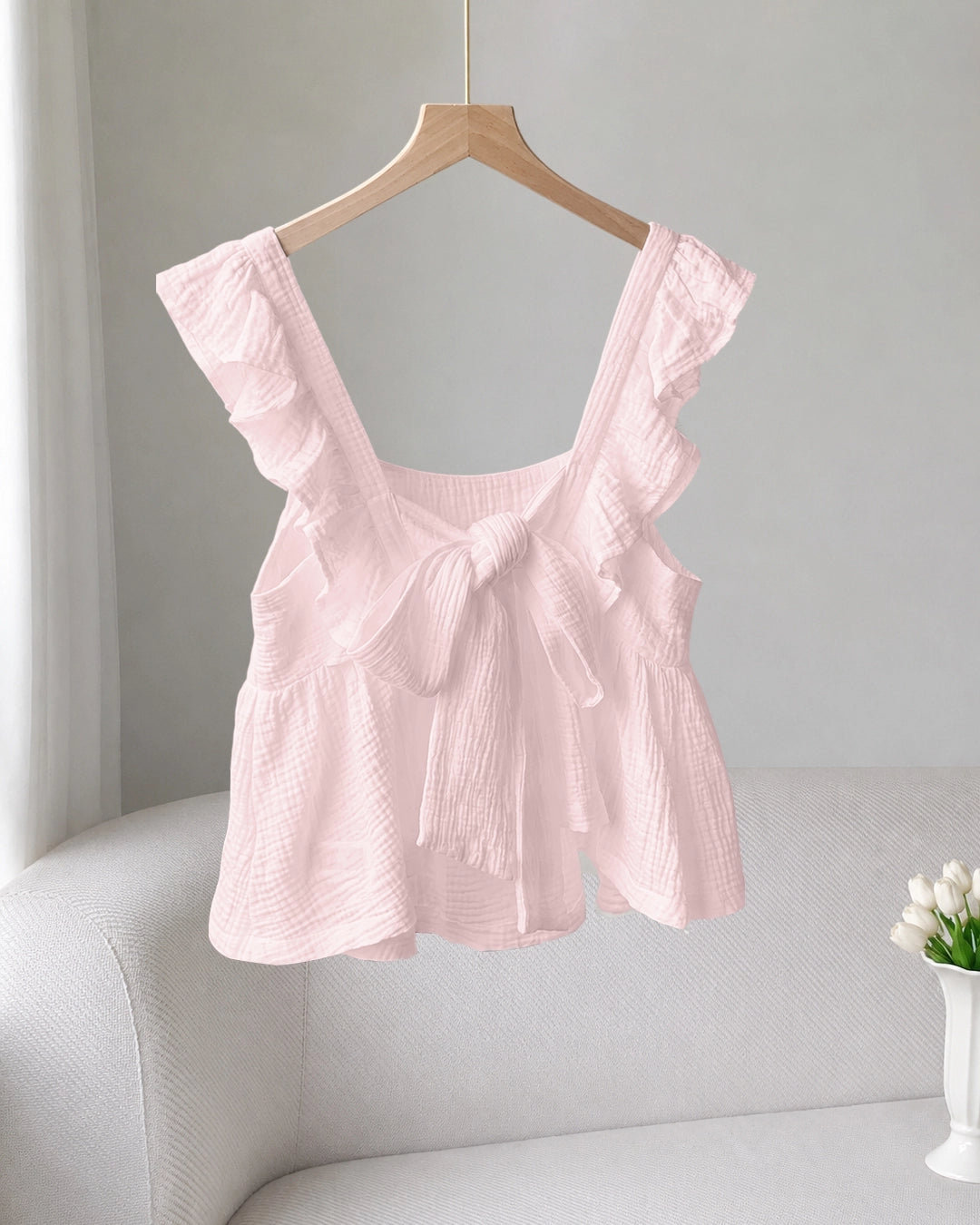 Ruffle Strap Bow Detail Top  in Baby Pink