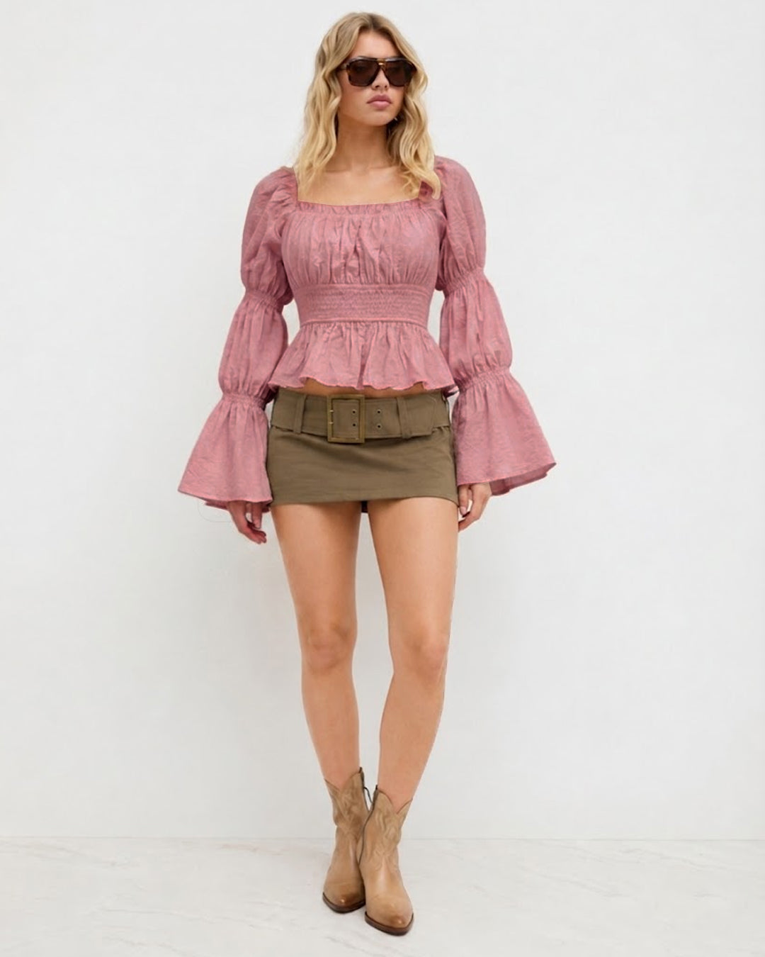 Solid Square Neck Flared Sleeve Crop Top in Dusty Pink