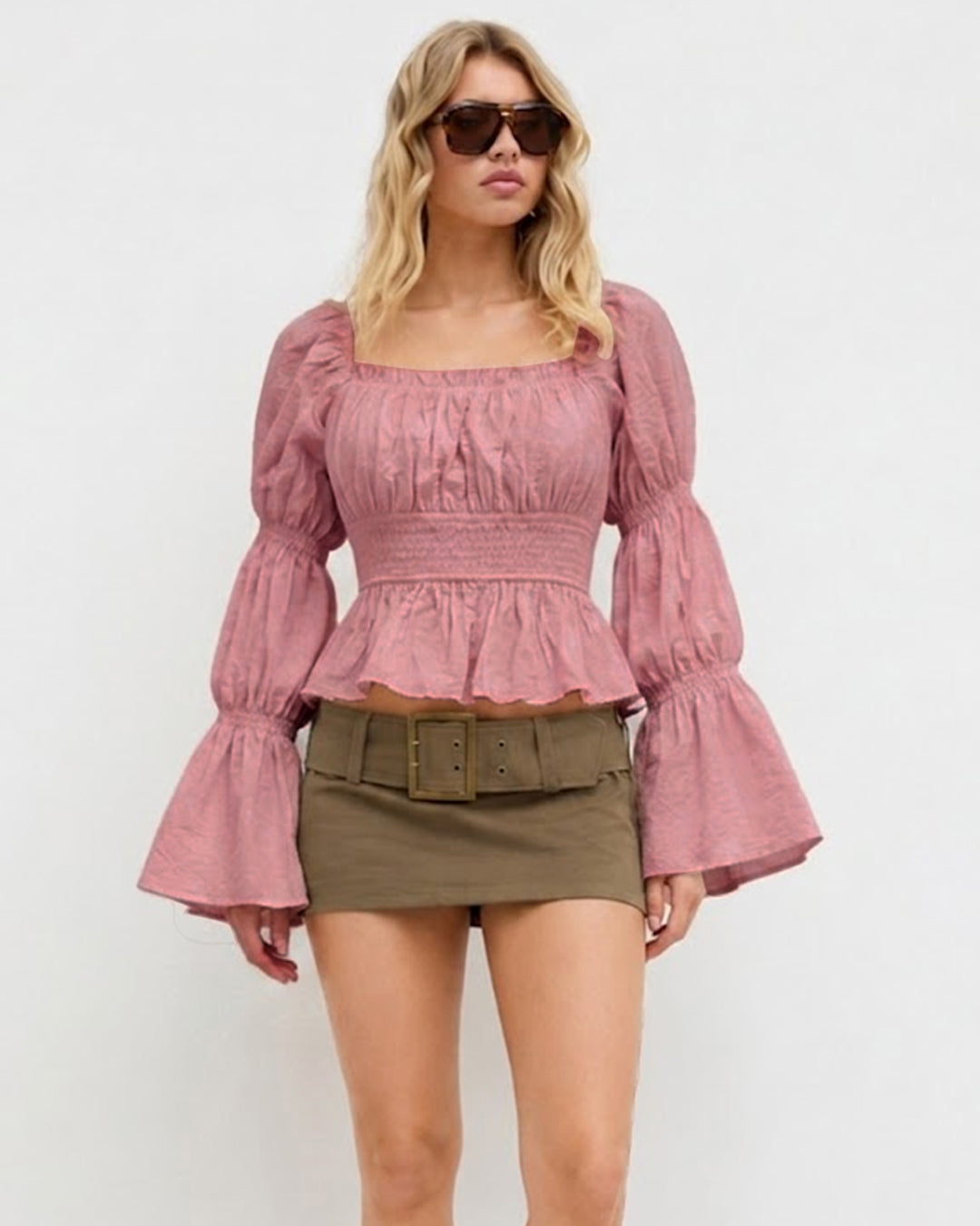 Solid Square Neck Flared Sleeve Crop Top in Dusty Pink