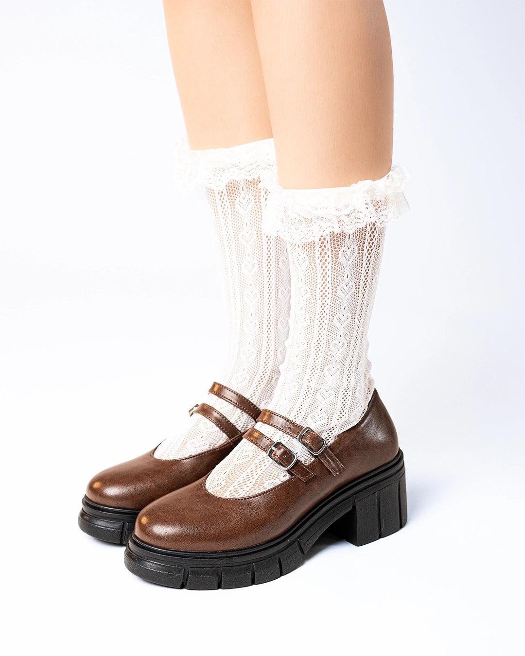 Double Buckle Strap Platform Mary Jane Shoes in Chocolate Brown
