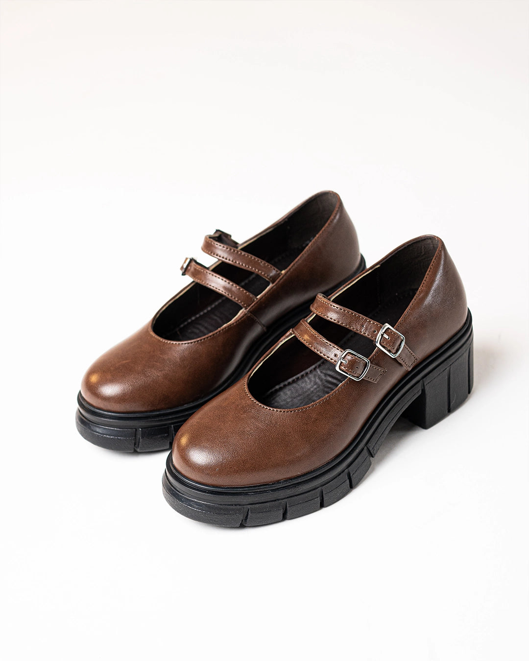 Double Buckle Strap Platform Mary Jane Shoes in Chocolate Brown