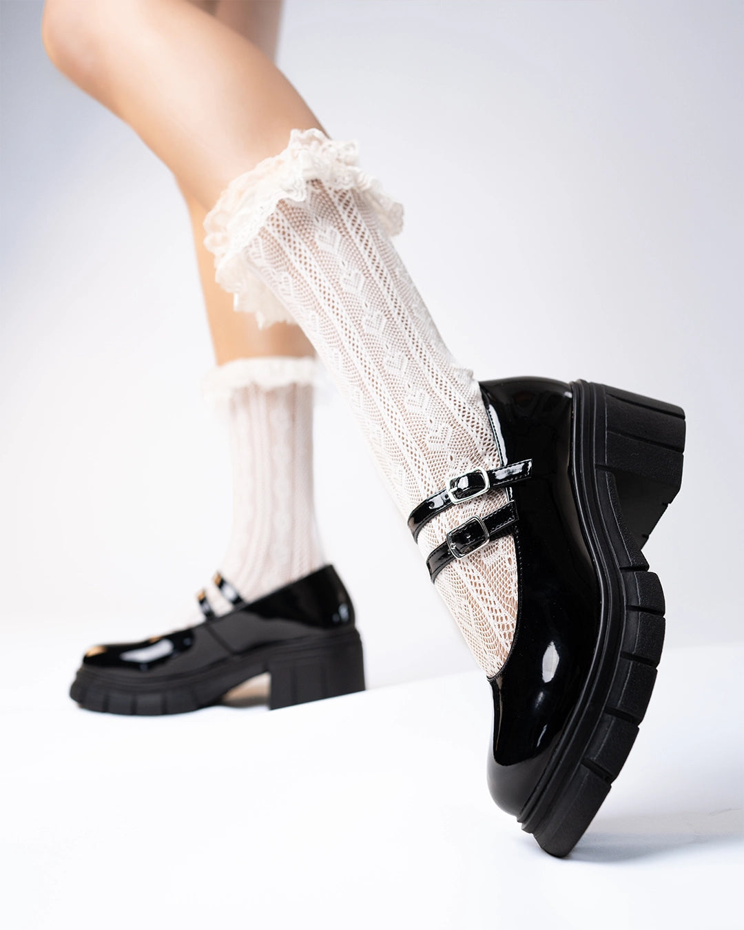 Double Buckle Strap Platform Mary Jane Shoes in Classic Black