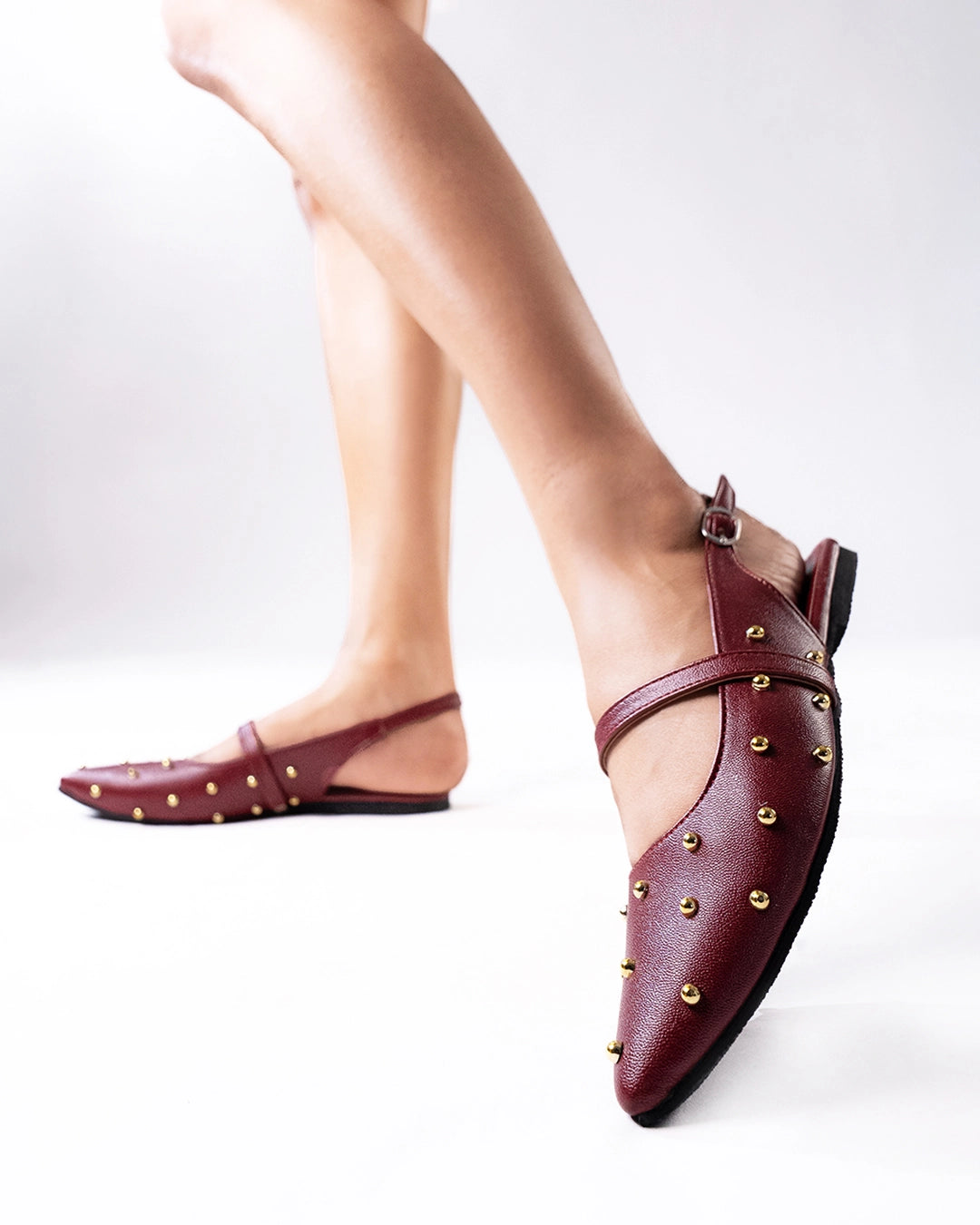 Studded Pointed Toe Slingback Flats in Burgundy