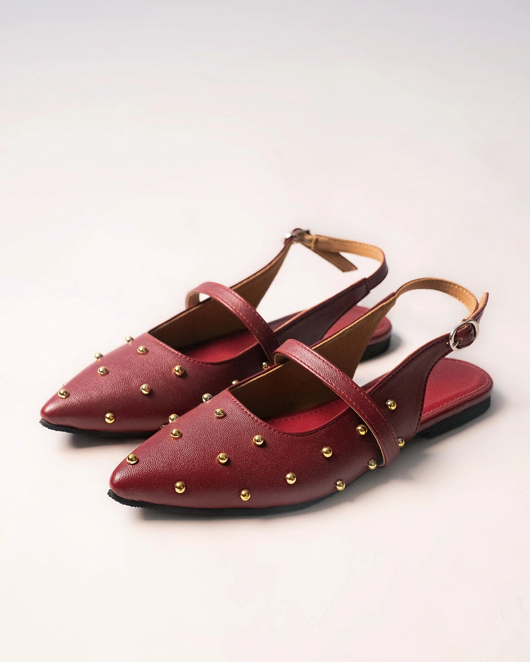 Studded Pointed Toe Slingback Flats in Burgundy