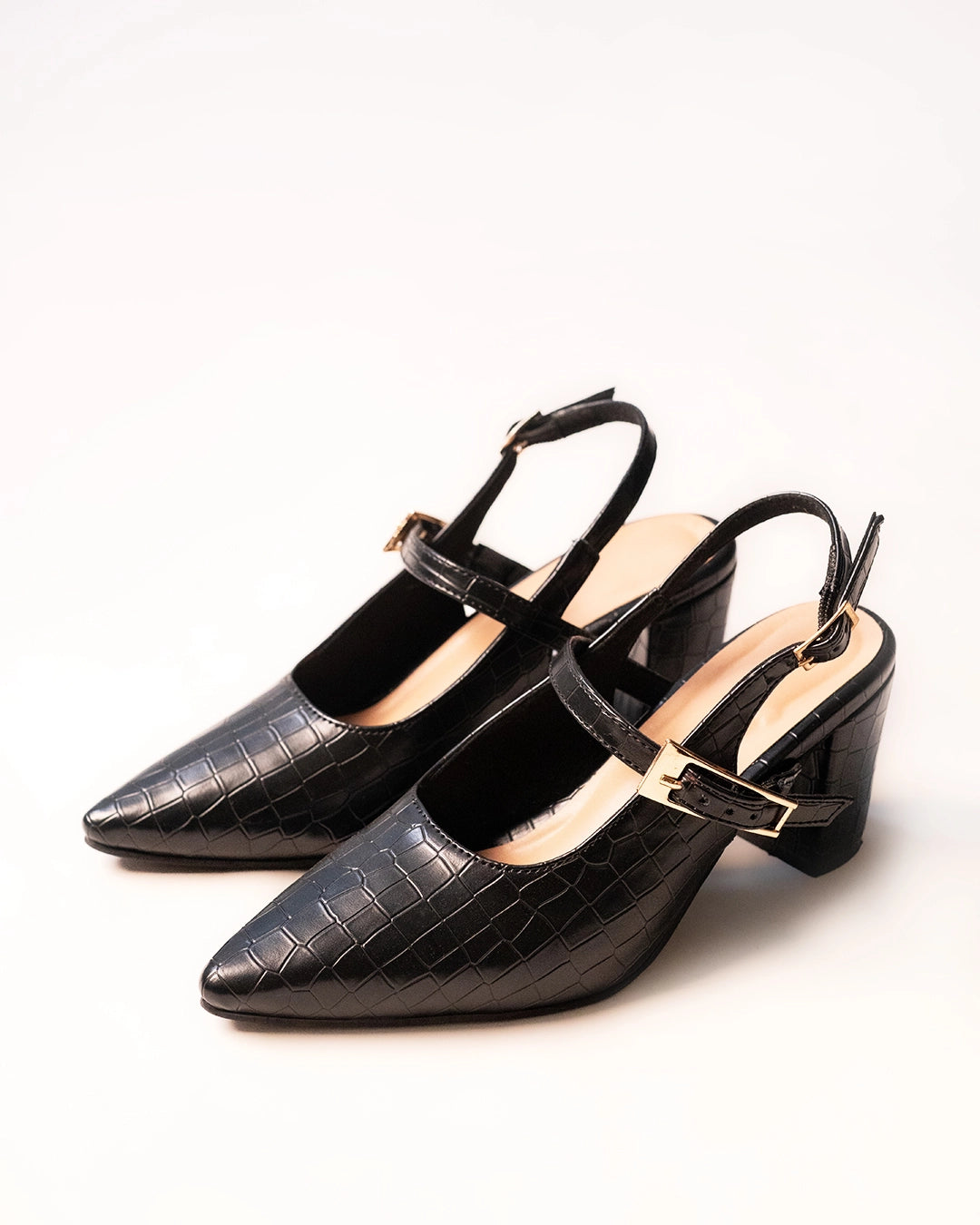 Pointed Toe Buckle Strap Slingback Heels in Classic Black