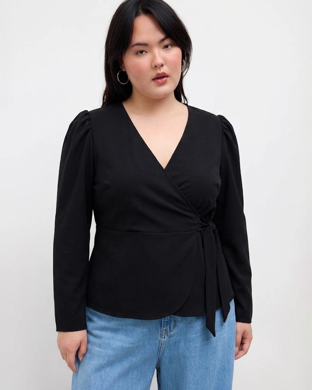 Wrap Tie Waist Full Sleeves Peplum Top Curve and Plus in Classic Black
