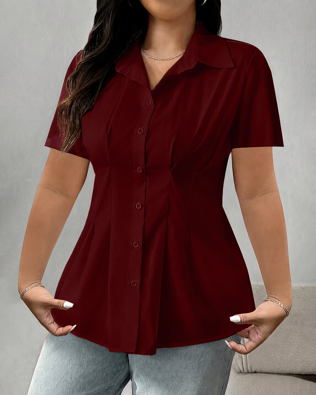 Collared Neck Smocked Waist Half Sleeve Top in Burgundy
