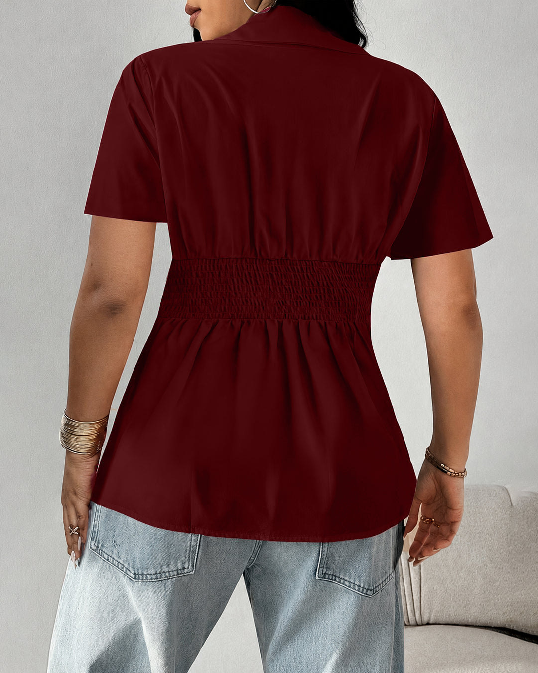 Collared Neck Smocked Waist Half Sleeve Top in Burgundy