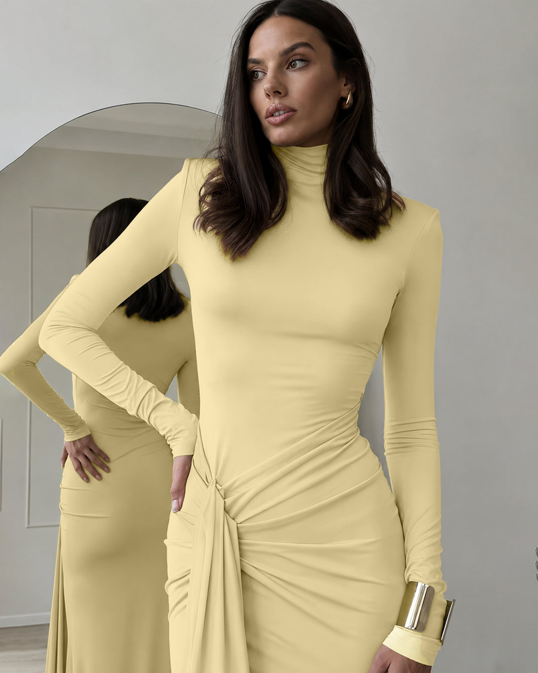 High Slit Wrap Bodycon Dress in Vanilla