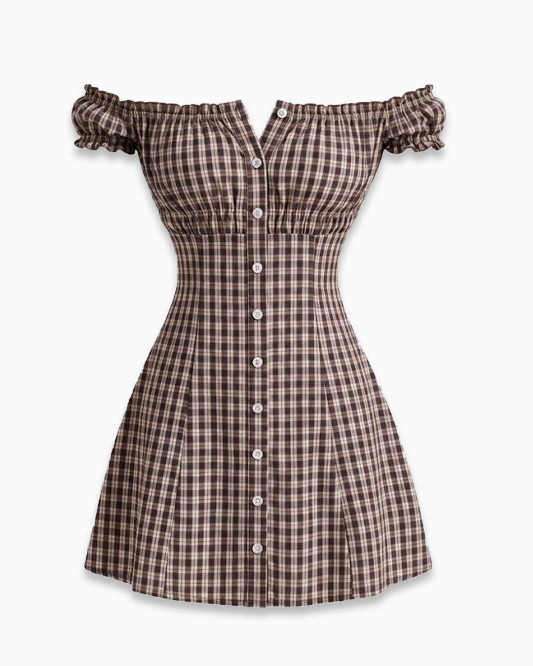 Plaid Off Shoulder Fit and Flare Mini Dress In Brown