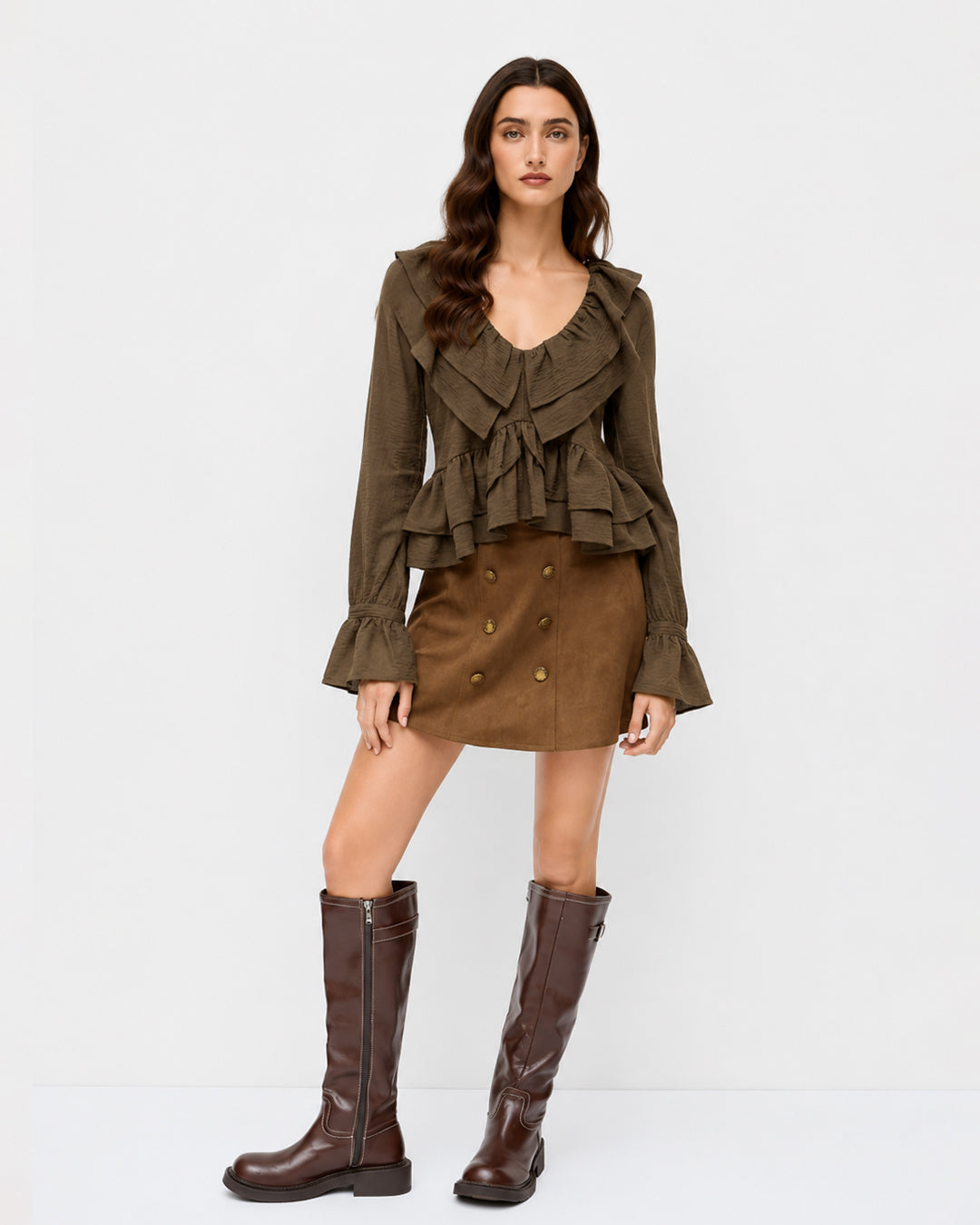 Full Sleeve Ruffle Hem Top In Coffee Brown