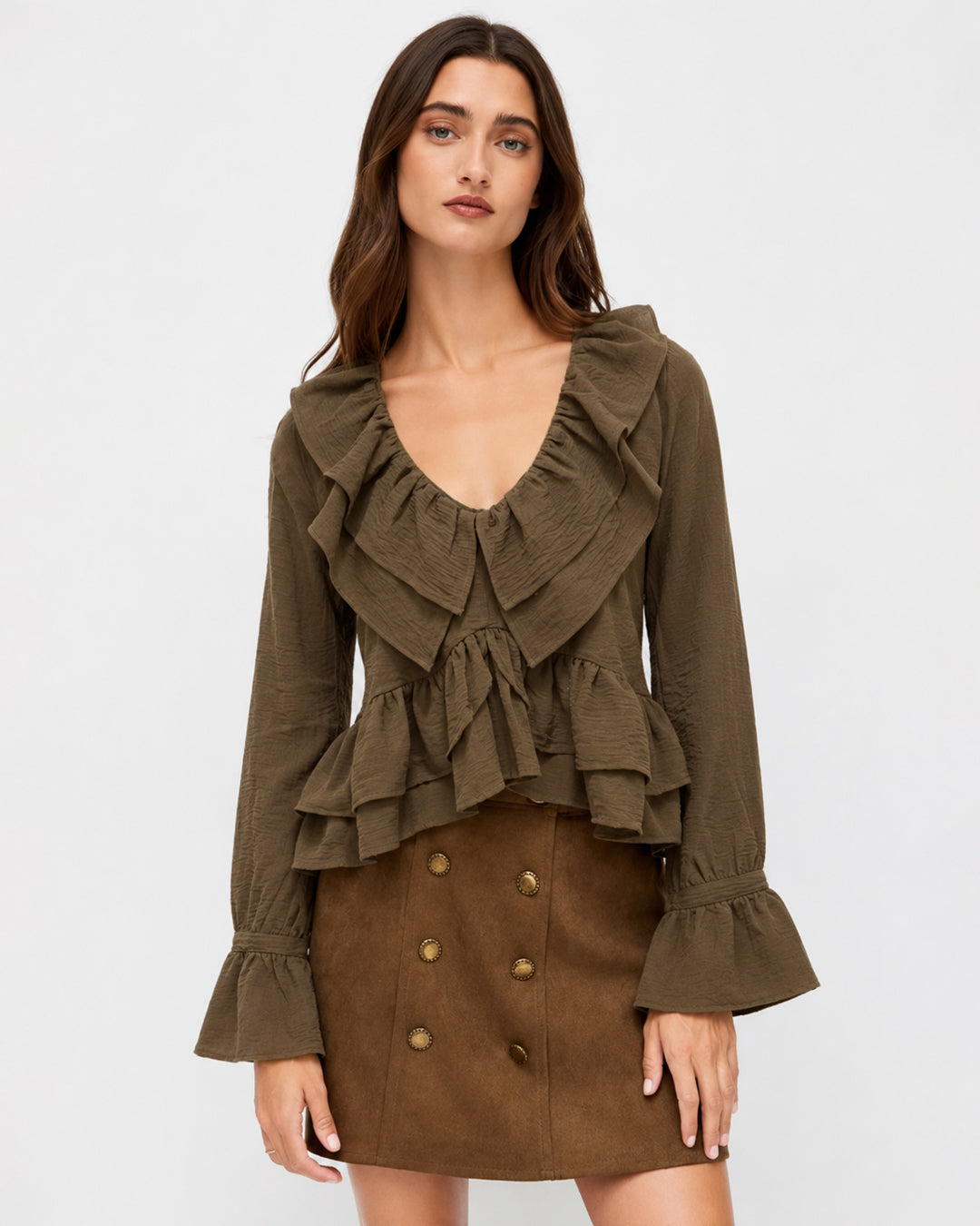 Full Sleeve Ruffle Hem Top In Coffee Brown