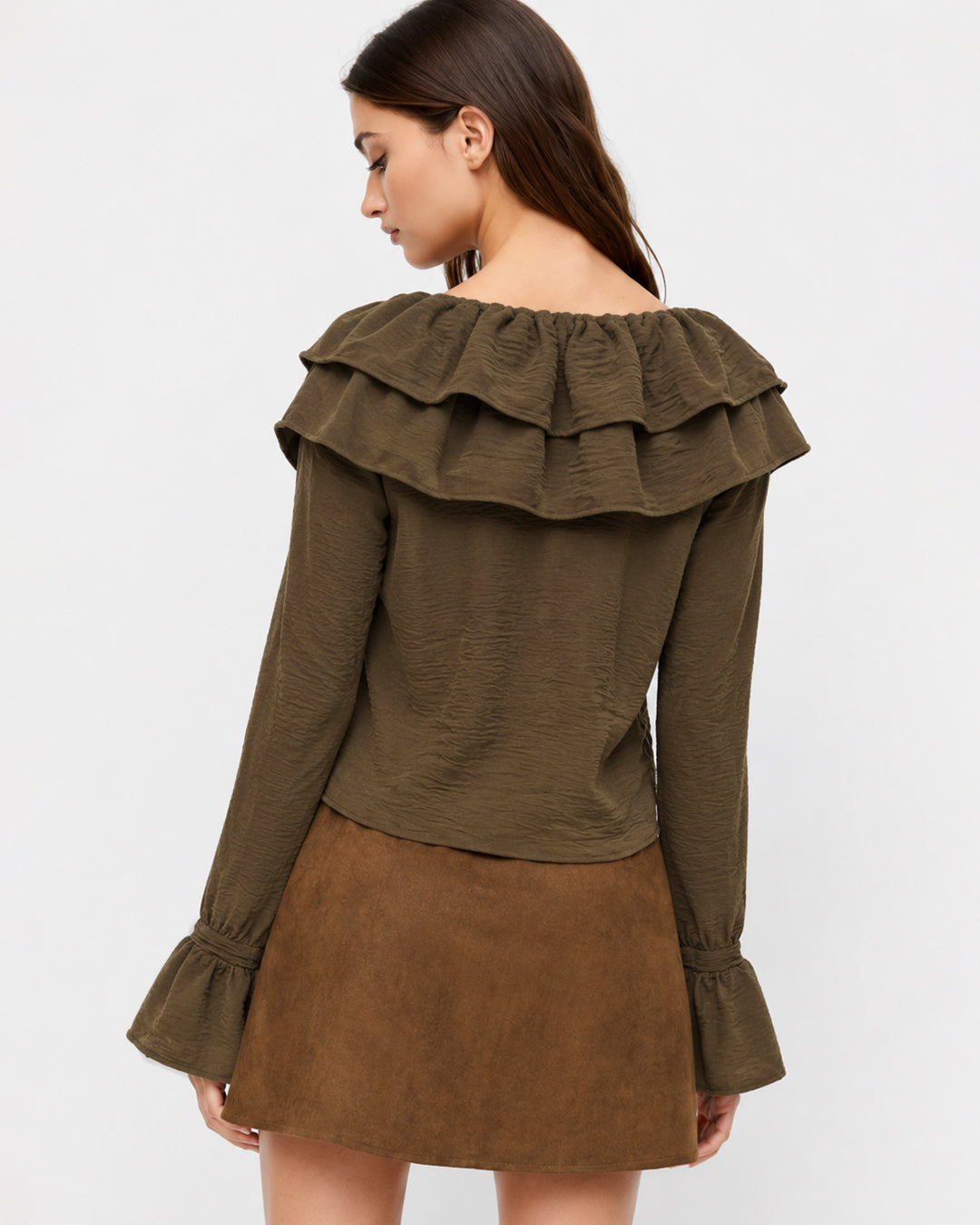 Full Sleeve Ruffle Hem Top In Coffee Brown