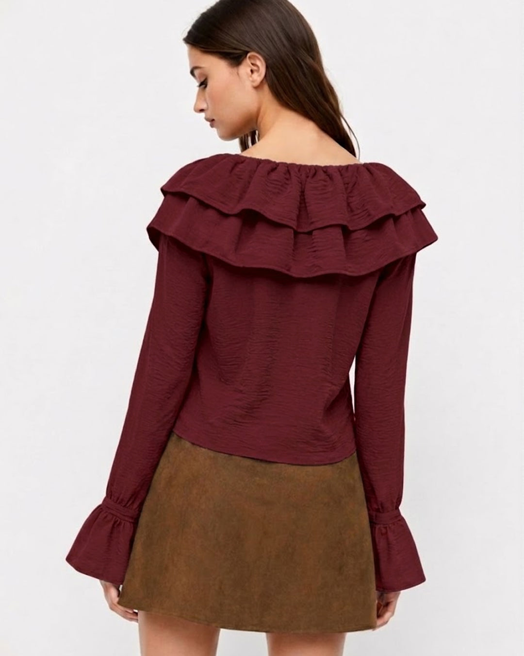 Full Sleeeve Ruffle Hem Top in Deep Maroon