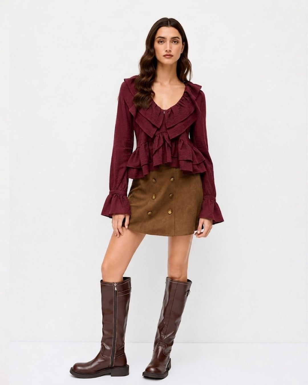 Full Sleeeve Ruffle Hem Top in Deep Maroon