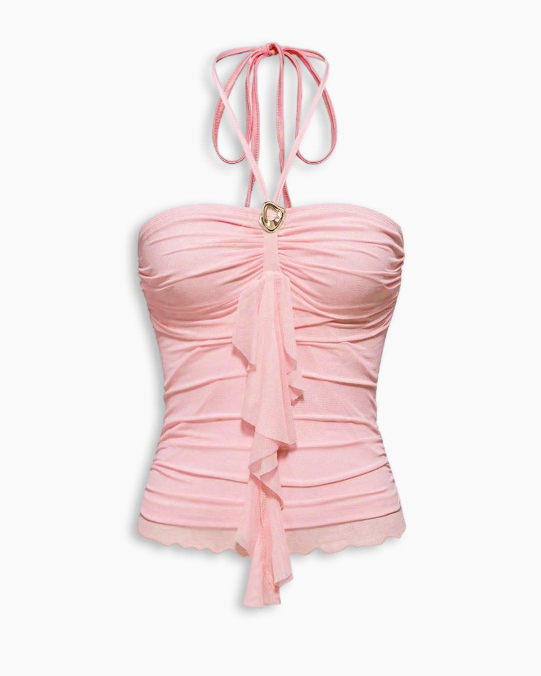 Ruffle Trim Halter Tie Top In Light Pink