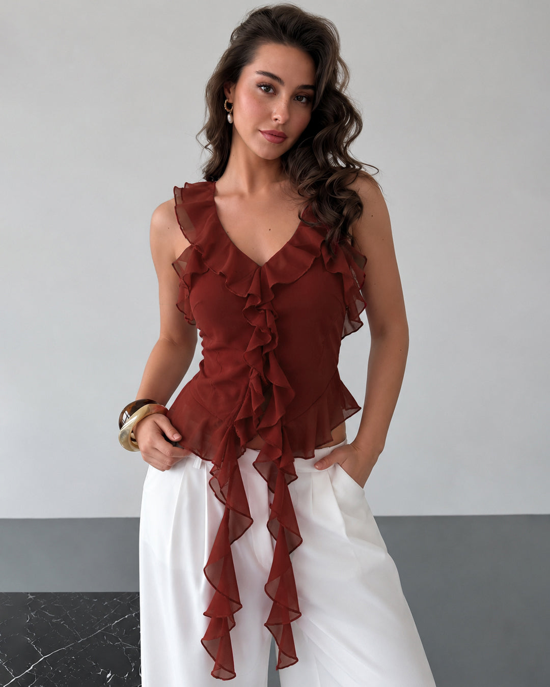 Asymmetrical Hem Halter Neck Ruffle Trim Top in Merlot