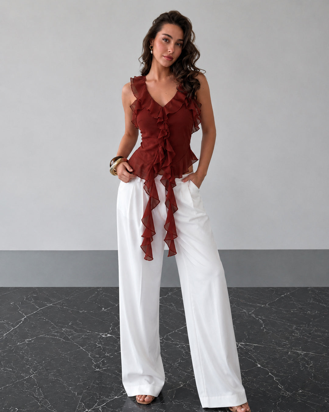 Asymmetrical Hem Halter Neck Ruffle Trim Top in Merlot
