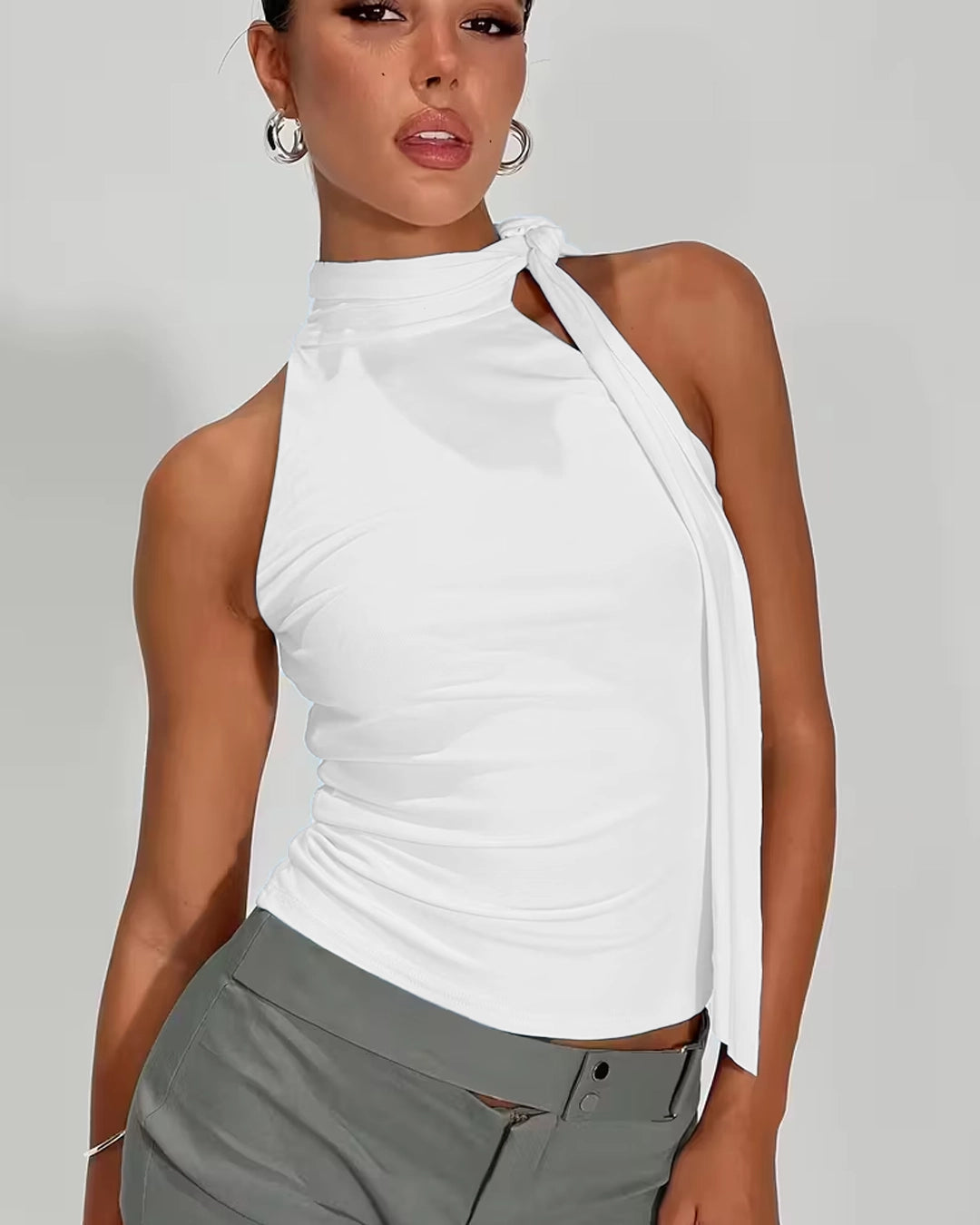 High-Neck Halter Top with Side-Tie Detail in Classic White
