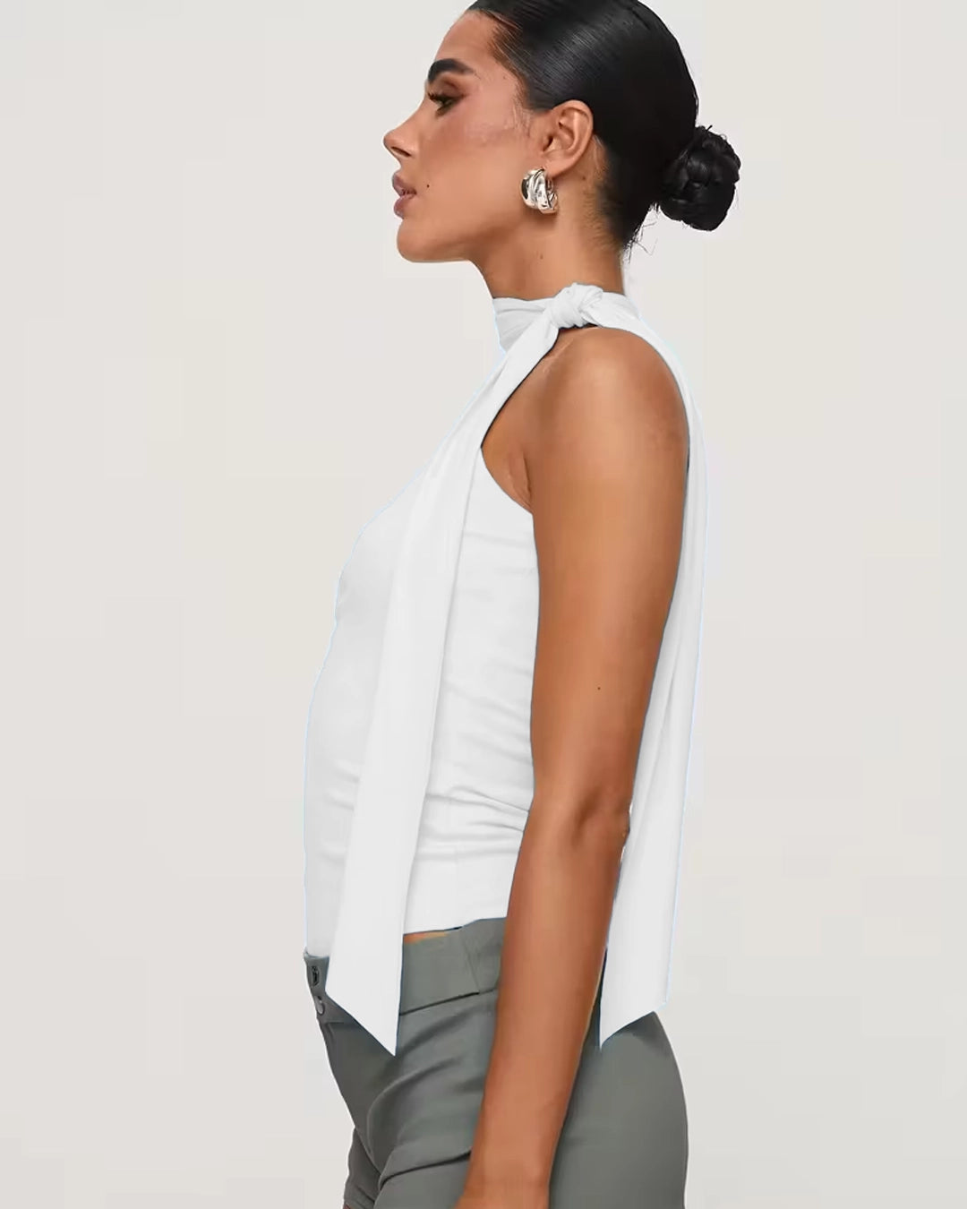 High-Neck Halter Top with Side-Tie Detail in Classic White
