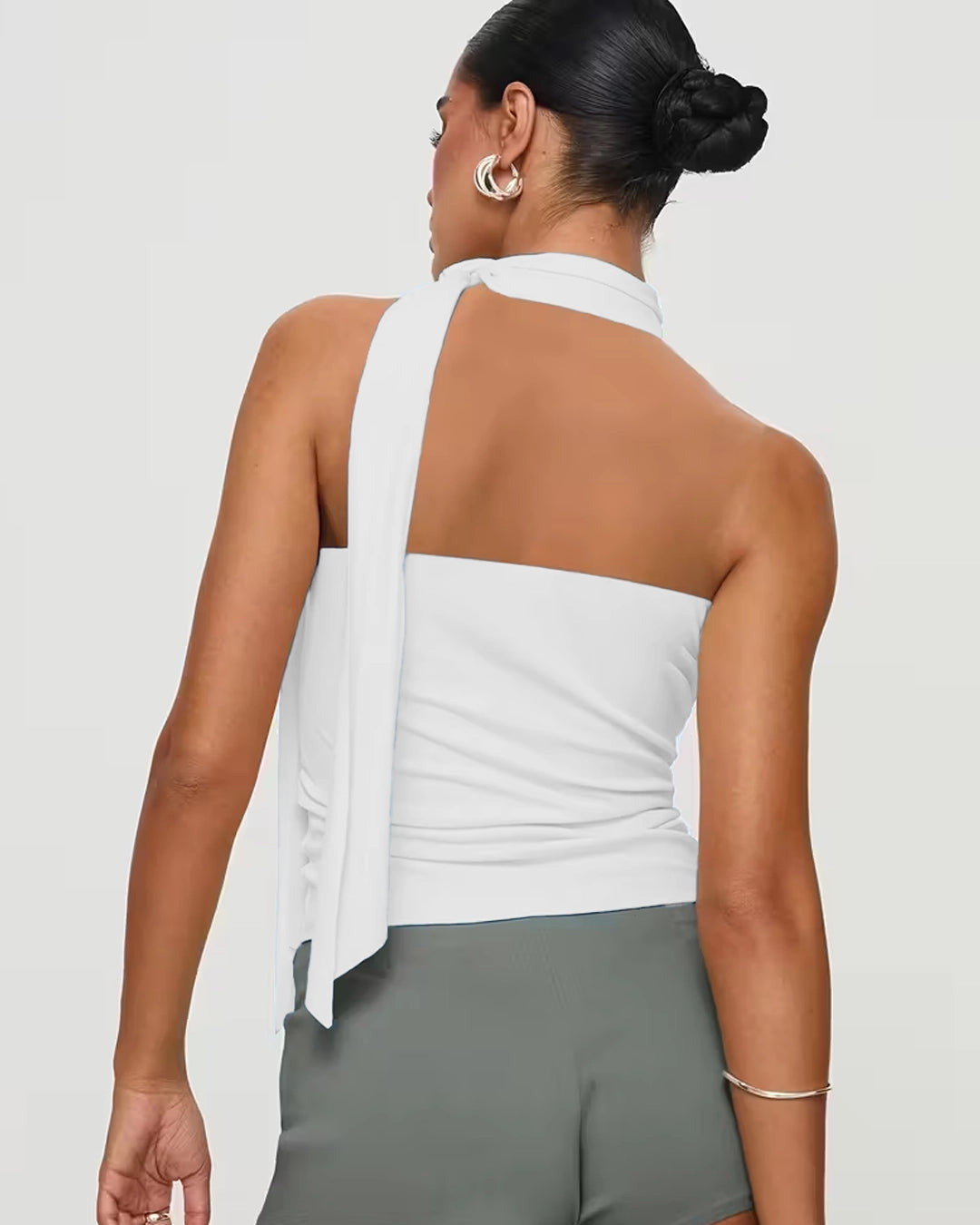 High-Neck Halter Top with Side-Tie Detail in Classic White