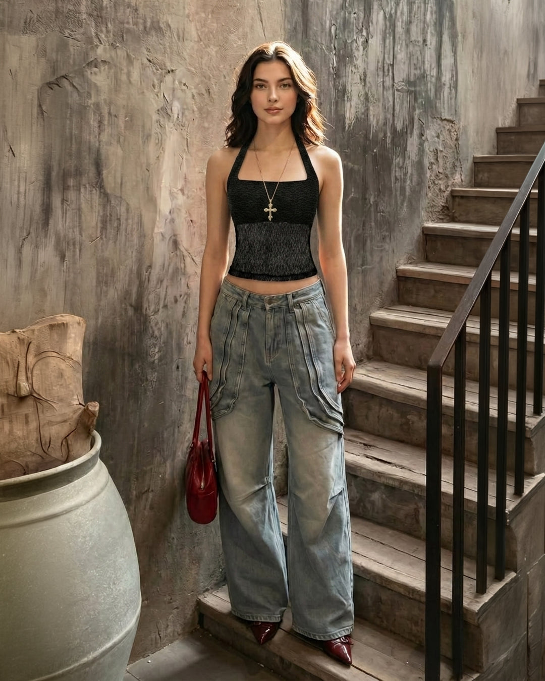 Halter Neck Sheer Lace Fitted Crop Top in Classic Black