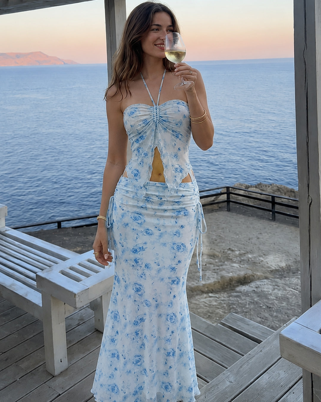 Bohemian Strapless Sleeveless Floral Top And Mermaid Skirt Set In Baby Blue
