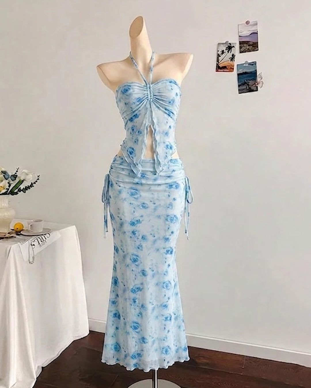 Bohemian Strapless Sleeveless Floral Top And Mermaid Skirt Set In Baby Blue