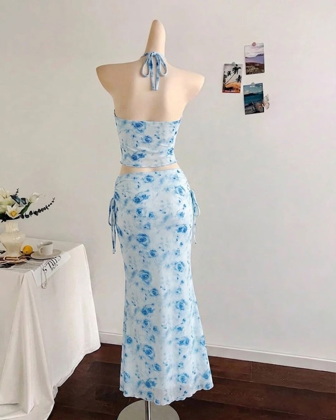 Bohemian Strapless Sleeveless Floral Top And Mermaid Skirt Set In Baby Blue