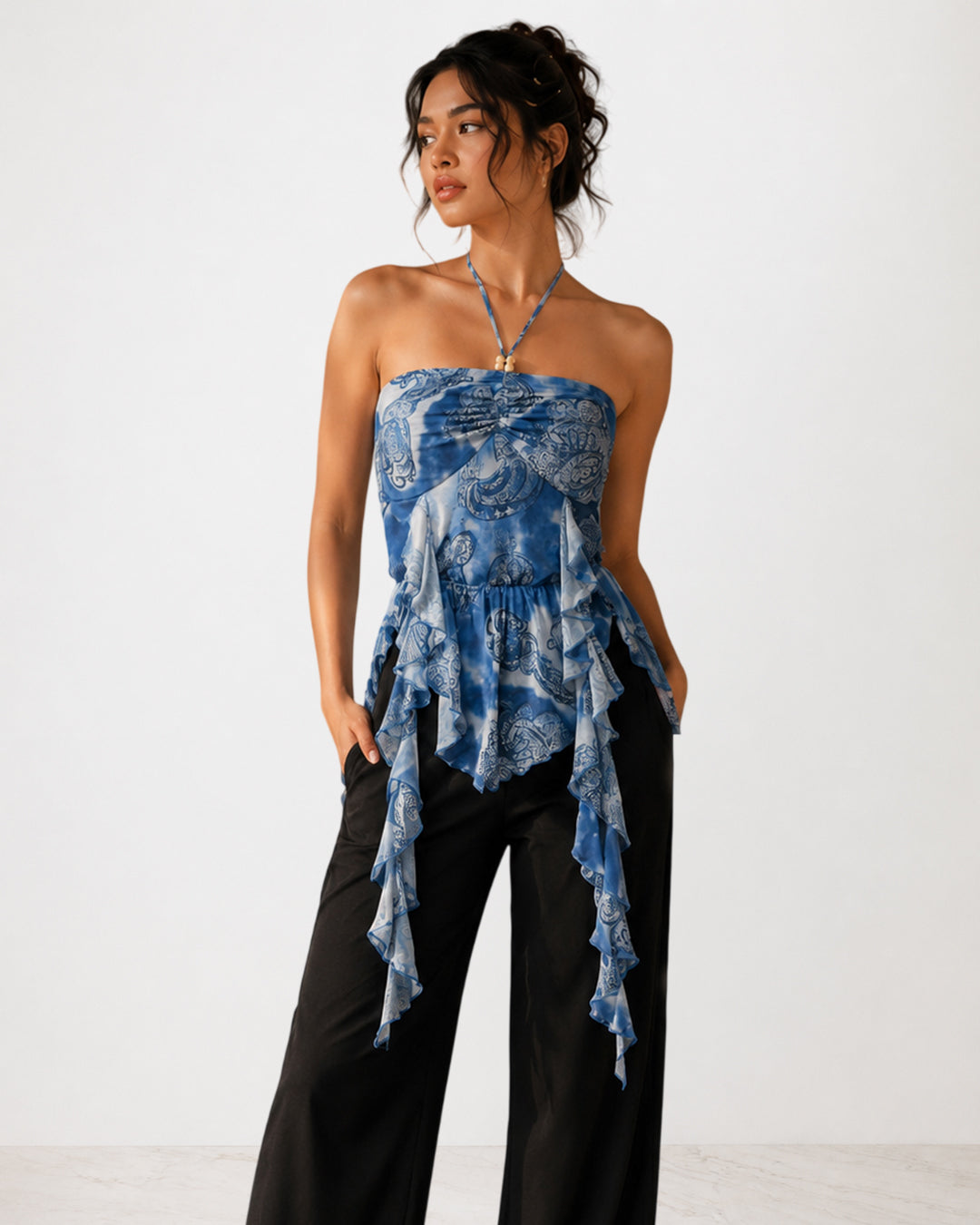 Printed Ruffle Asmmetrical Hem Top in Denim Blue