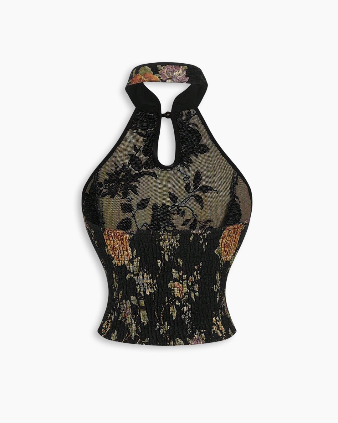 Keyhole Halter Neck Button Floral Top in Classic Black