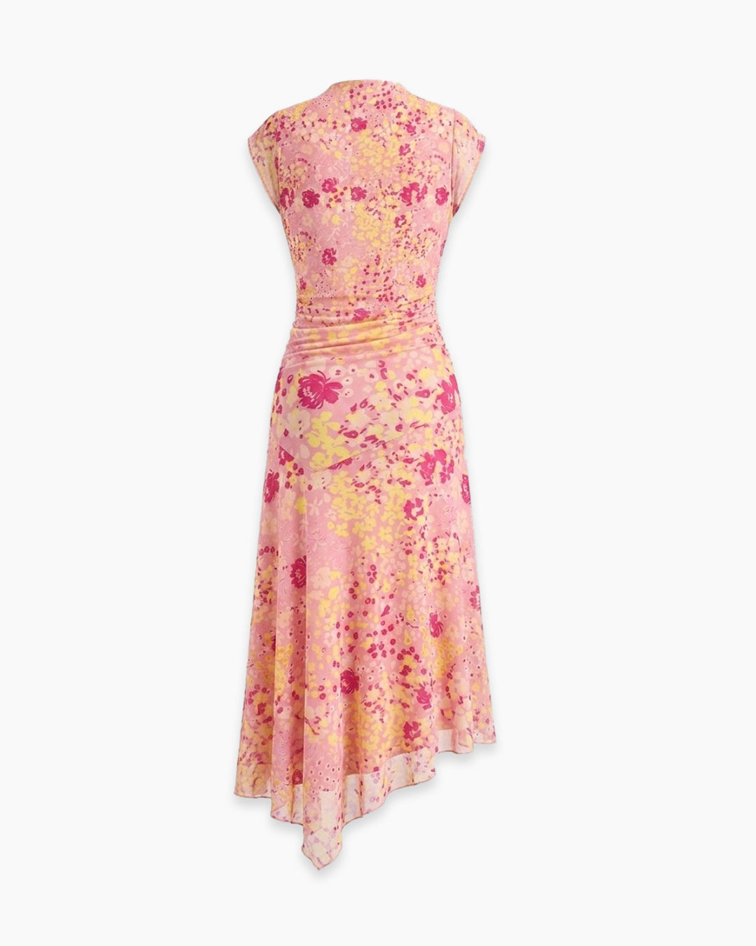 High Neck Ruched Asymmetrical Hem Sleeveless Floral Midi Dress In Dusty Pink