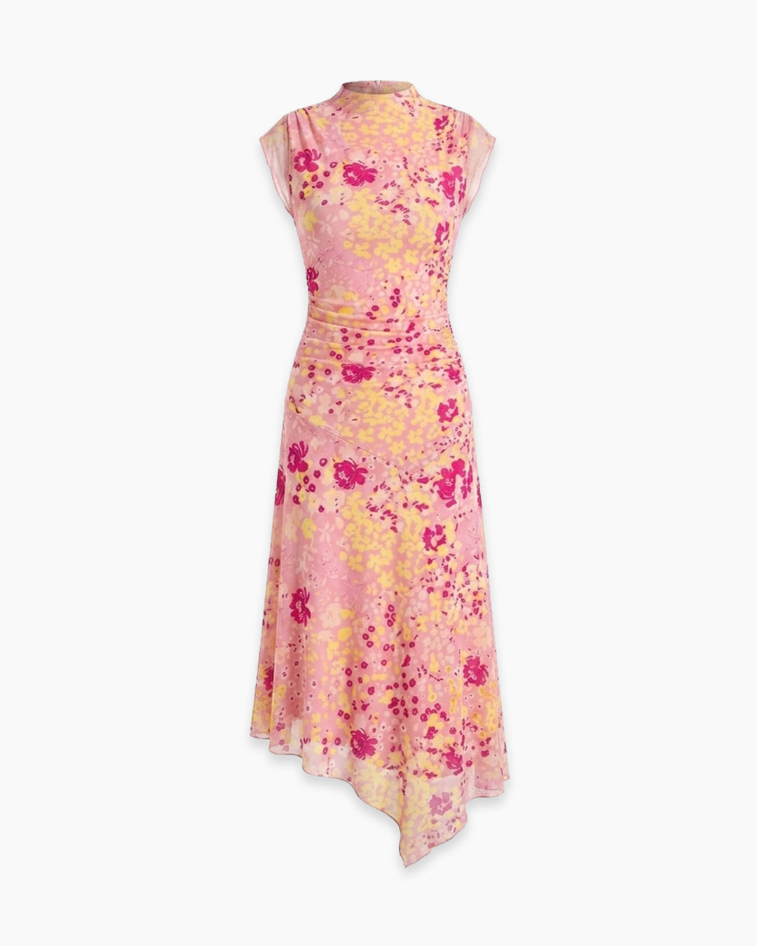 High Neck Ruched Asymmetrical Hem Sleeveless Floral Midi Dress In Dusty Pink
