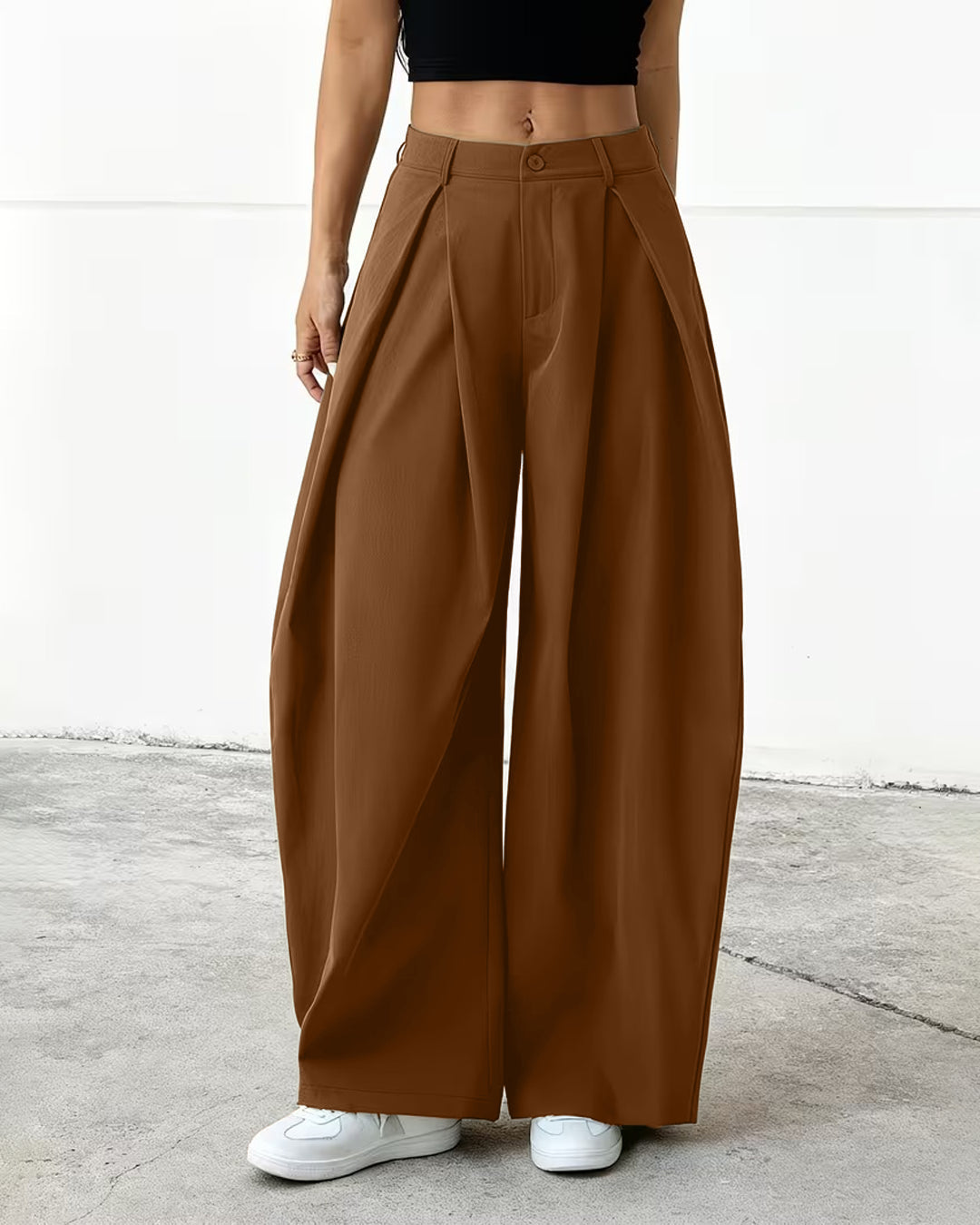 Draped Loose Fit Wide Leg Trouser in Rust Brown
