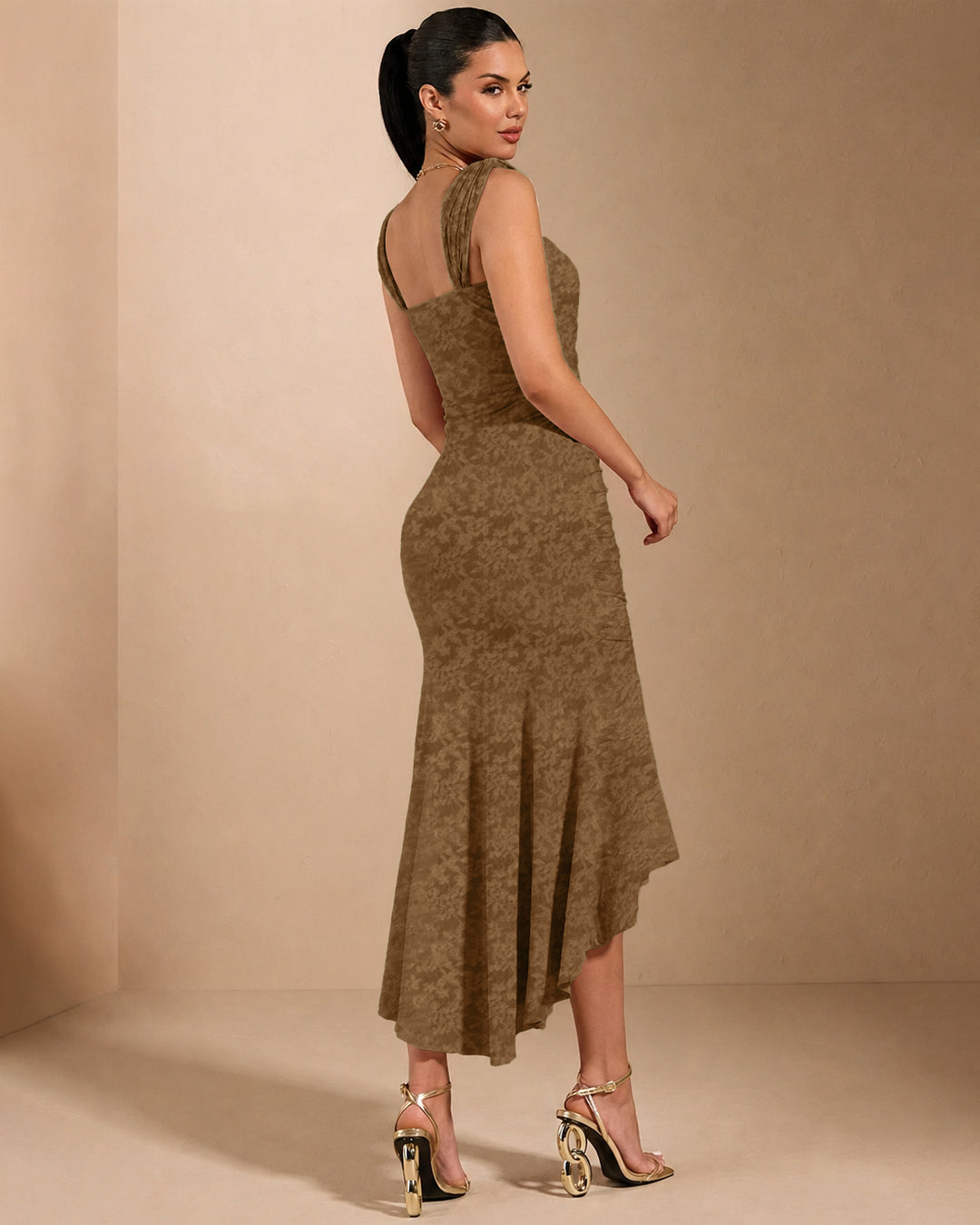 Square Neck High-Low Midi Dress in Coffee Brown