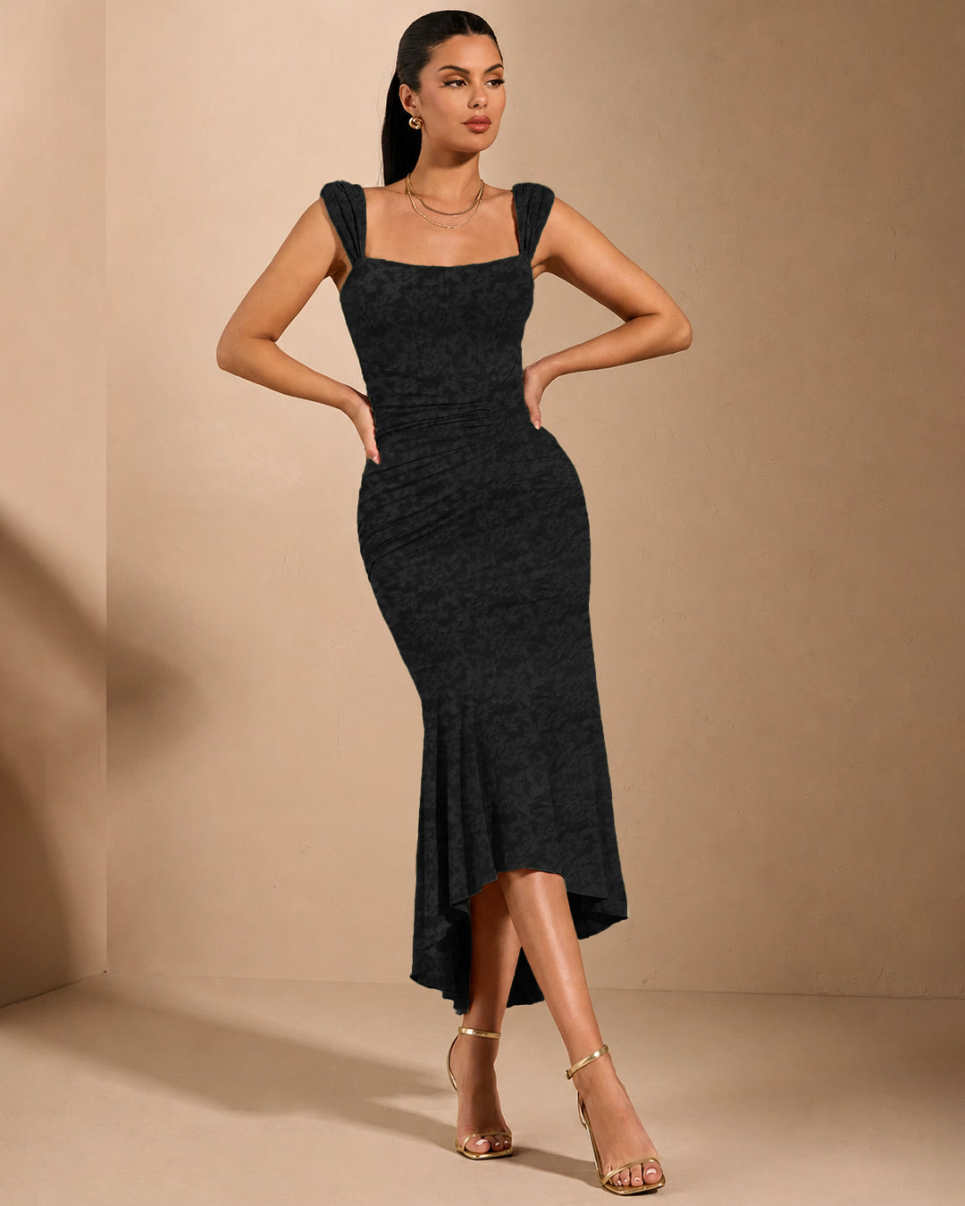 Square Neck High-Low Midi Dress in Classic Black