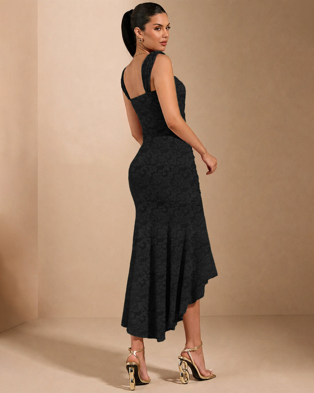 Square Neck High-Low Midi Dress in Classic Black